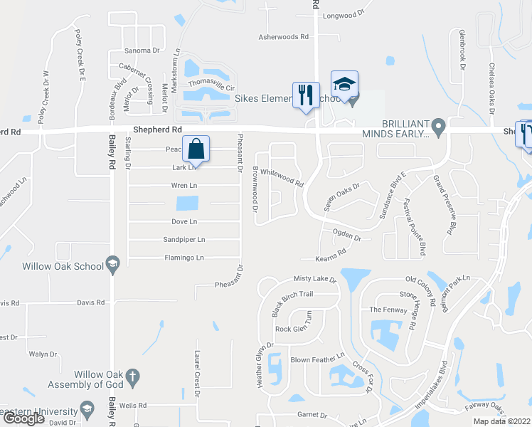 map of restaurants, bars, coffee shops, grocery stores, and more near 2294 Blackwood Drive in Mulberry
