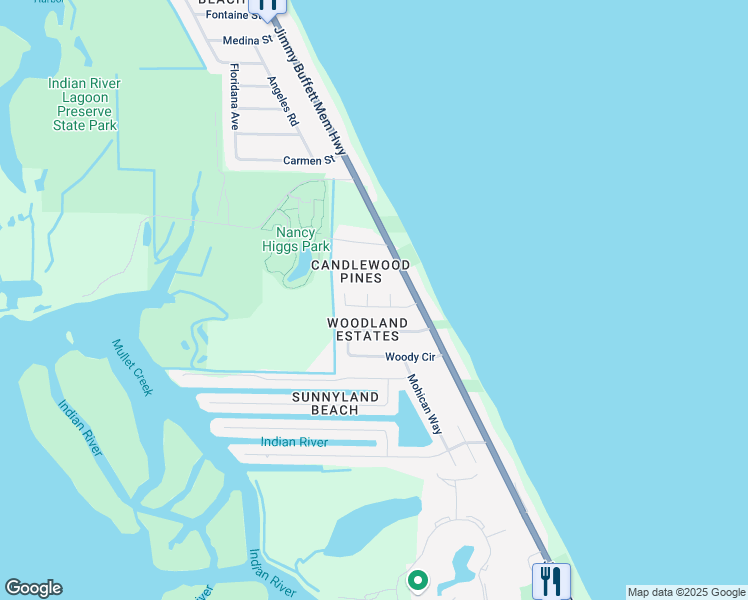map of restaurants, bars, coffee shops, grocery stores, and more near 232 Leslie Court in Melbourne Beach