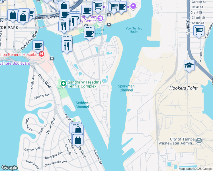 map of restaurants, bars, coffee shops, grocery stores, and more near 1002 South Beneficial Drive in Tampa