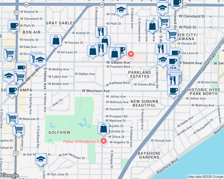 map of restaurants, bars, coffee shops, grocery stores, and more near 2902 West Parkland Boulevard in Tampa