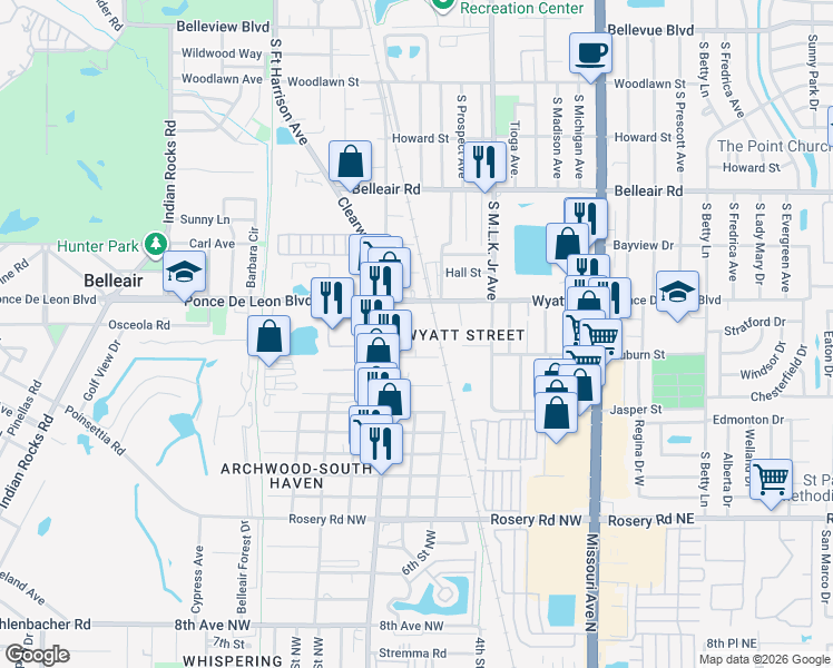 map of restaurants, bars, coffee shops, grocery stores, and more near 717 Patterson Street in Clearwater