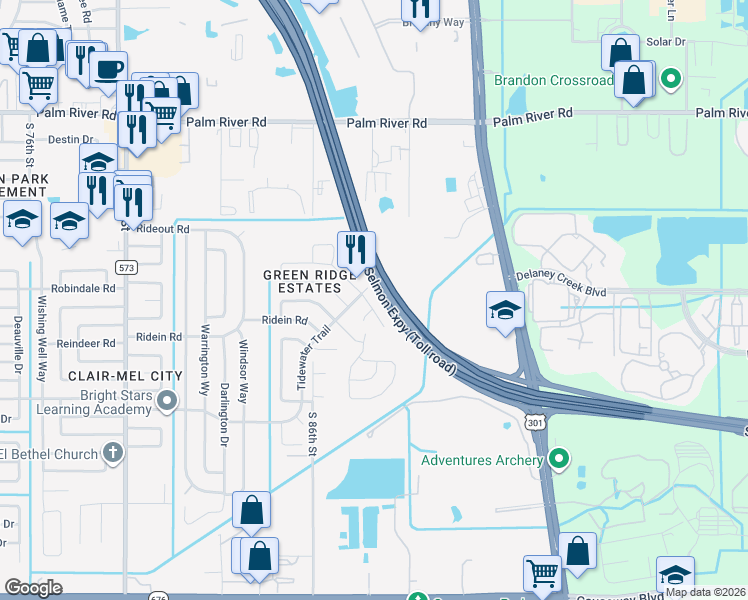 map of restaurants, bars, coffee shops, grocery stores, and more near 8704 Fish Lake Road in Tampa