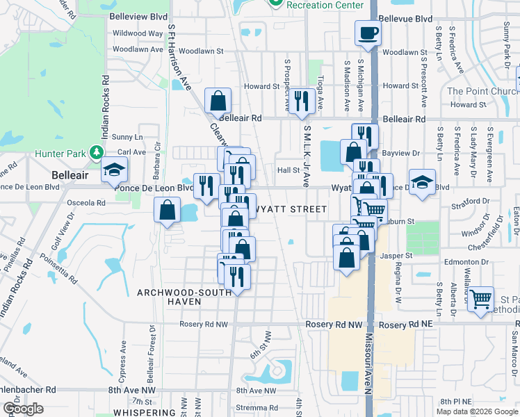 map of restaurants, bars, coffee shops, grocery stores, and more near 717 Patterson Street in Clearwater