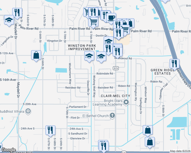 map of restaurants, bars, coffee shops, grocery stores, and more near 7308 Robindale Road in Tampa