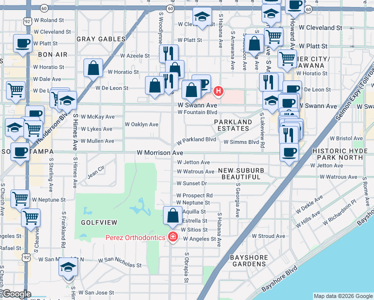 map of restaurants, bars, coffee shops, grocery stores, and more near 2902 West Parkland Boulevard in Tampa