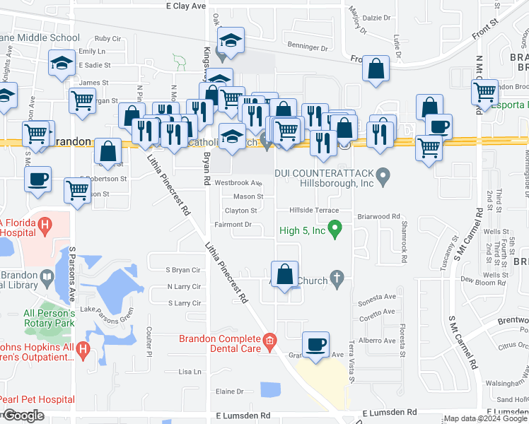 map of restaurants, bars, coffee shops, grocery stores, and more near 725 Clayton Street in Brandon