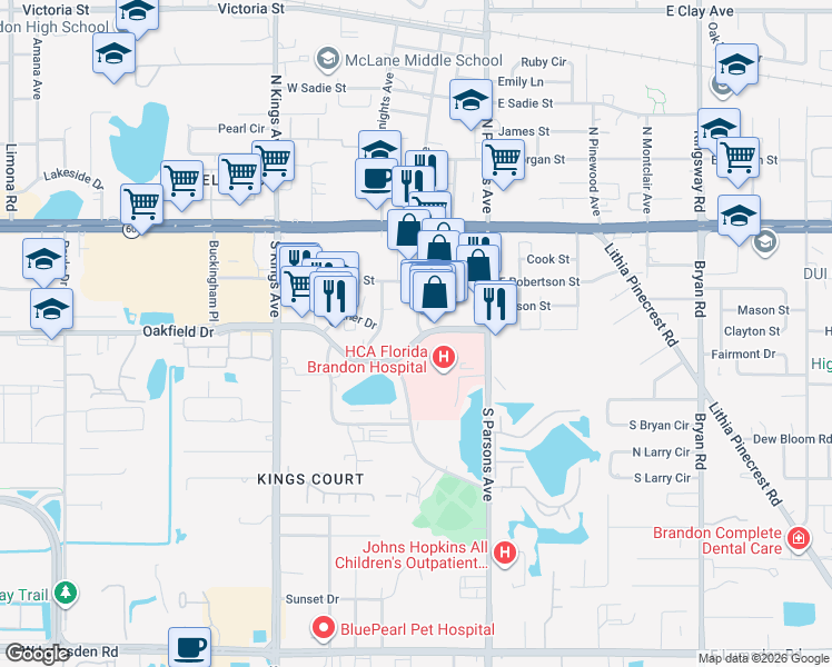 map of restaurants, bars, coffee shops, grocery stores, and more near 284 South Moon Avenue in Brandon