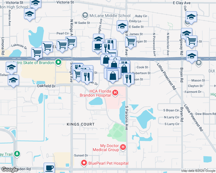 map of restaurants, bars, coffee shops, grocery stores, and more near 284 South Moon Avenue in Brandon