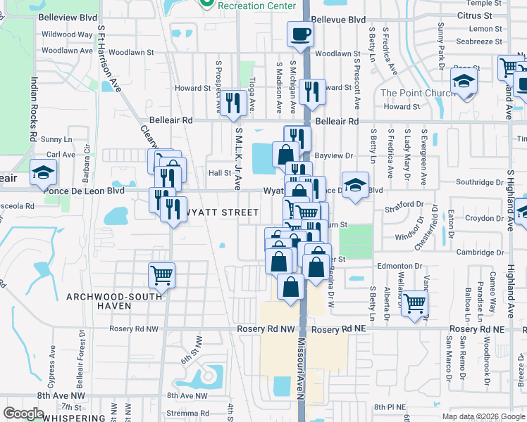 map of restaurants, bars, coffee shops, grocery stores, and more near 1727 Crawford Avenue in Clearwater