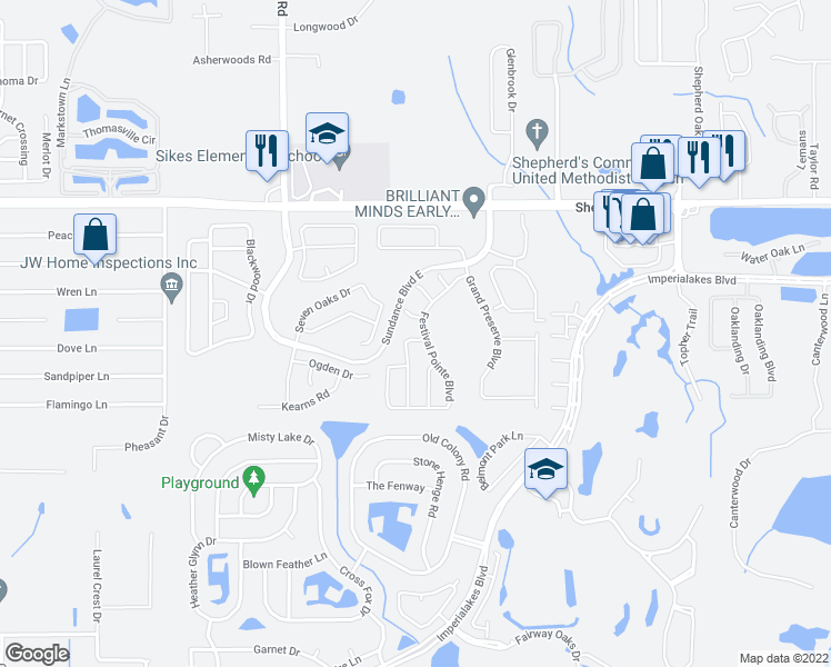 map of restaurants, bars, coffee shops, grocery stores, and more near 4334 Sun Center Road in Mulberry