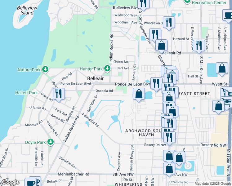 map of restaurants, bars, coffee shops, grocery stores, and more near 923 Osceola Road in Belleair