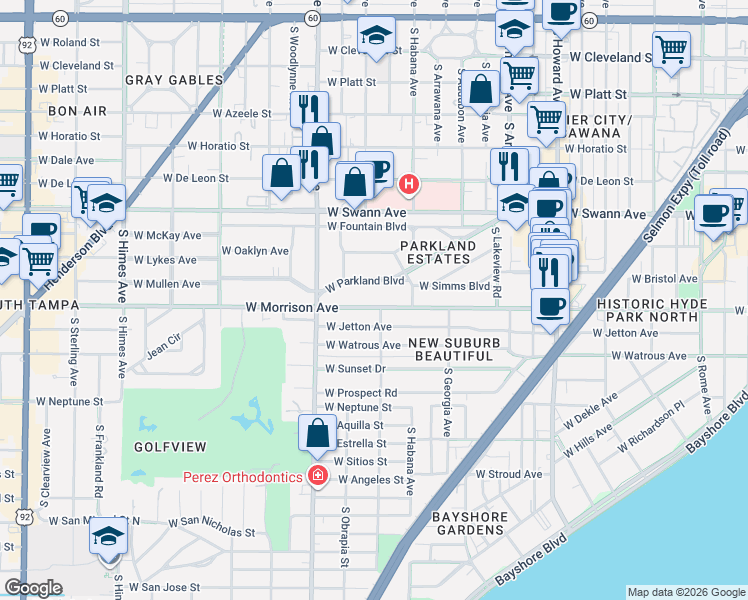 map of restaurants, bars, coffee shops, grocery stores, and more near 2812 West Parkland Boulevard in Tampa