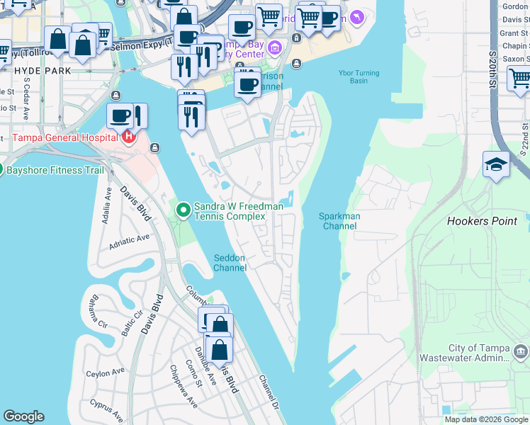 map of restaurants, bars, coffee shops, grocery stores, and more near 311 Inner Harbour Circle in Tampa