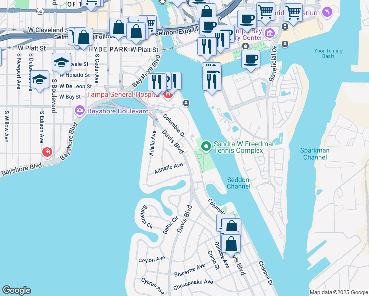 map of restaurants, bars, coffee shops, grocery stores, and more near 43 Davis Boulevard in Tampa