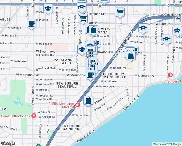 map of restaurants, bars, coffee shops, grocery stores, and more near 2311 West Morrison Avenue in Tampa