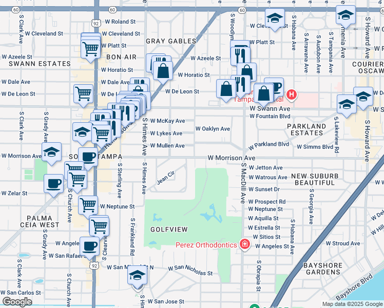 map of restaurants, bars, coffee shops, grocery stores, and more near 3234 West Parkland Boulevard in Tampa
