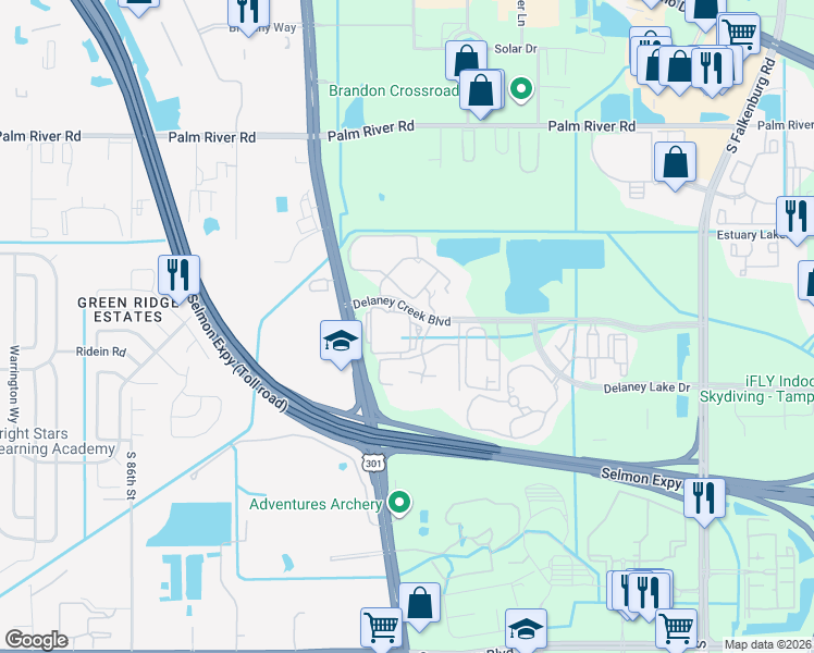 map of restaurants, bars, coffee shops, grocery stores, and more near 9535 Delaney Creek Boulevard in Tampa