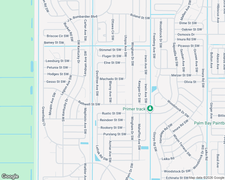 map of restaurants, bars, coffee shops, grocery stores, and more near 2524 Blarny Avenue Southwest in Palm Bay