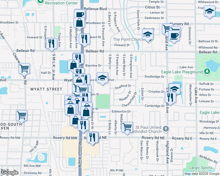 map of restaurants, bars, coffee shops, grocery stores, and more near 1722 South Betty Lane in Clearwater