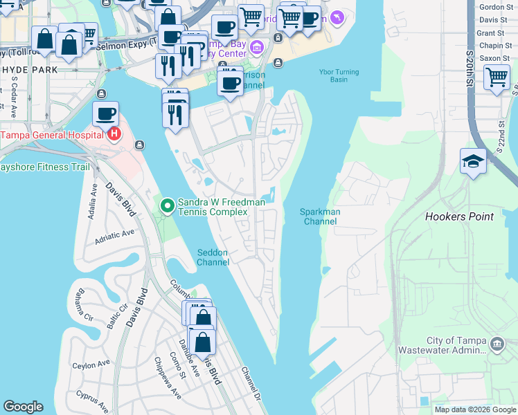 map of restaurants, bars, coffee shops, grocery stores, and more near 602 Seabreeze Court in Tampa