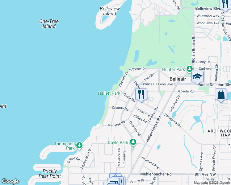 map of restaurants, bars, coffee shops, grocery stores, and more near 325 Bayview Drive in Belleair
