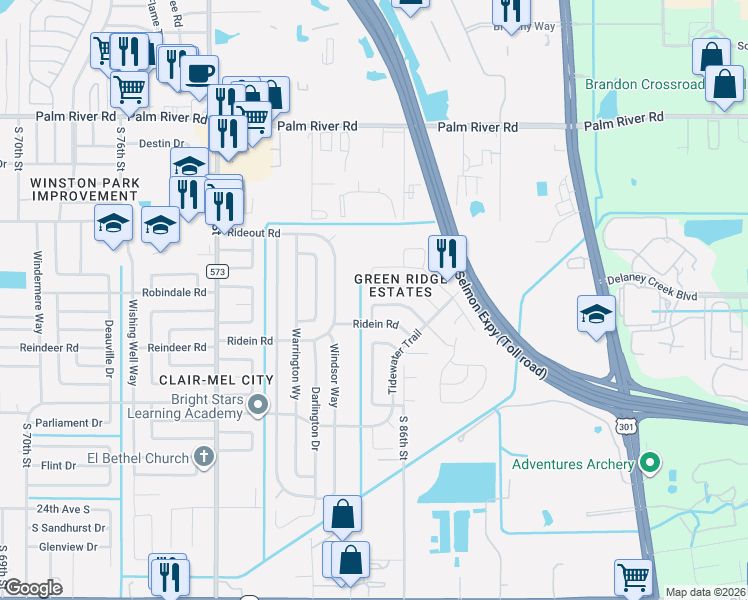 map of restaurants, bars, coffee shops, grocery stores, and more near 8510 Blue Ridge Drive in Tampa