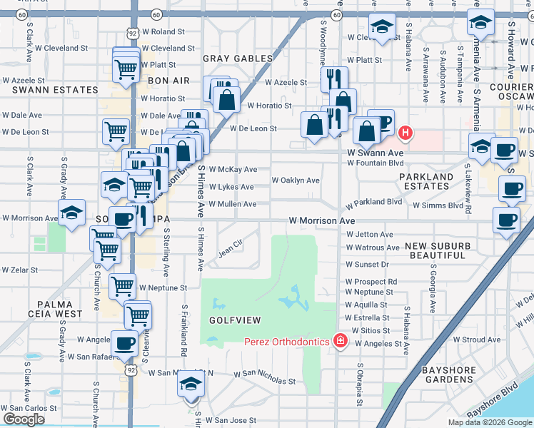 map of restaurants, bars, coffee shops, grocery stores, and more near 3234 West Parkland Boulevard in Tampa