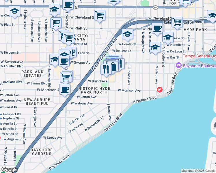 map of restaurants, bars, coffee shops, grocery stores, and more near 900 South Packwood Avenue in Tampa