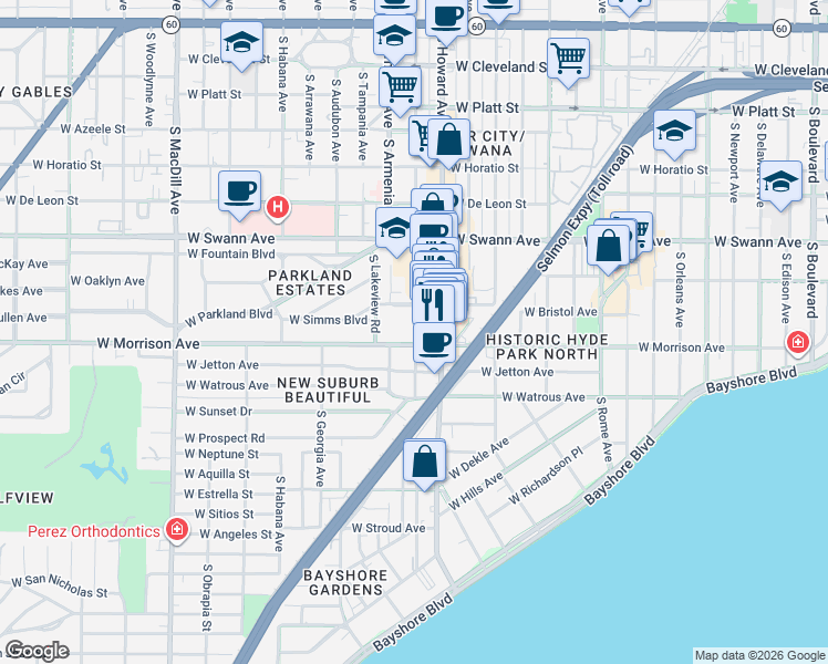 map of restaurants, bars, coffee shops, grocery stores, and more near 2311 West Morrison Avenue in Tampa