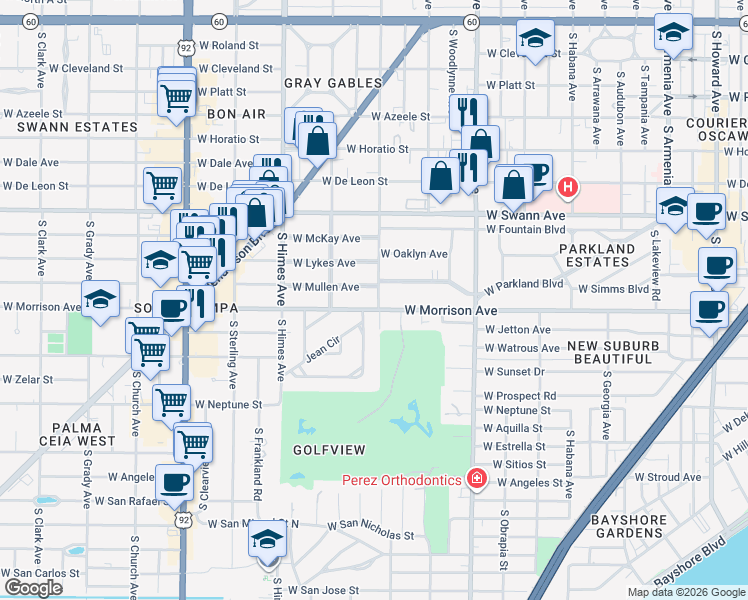 map of restaurants, bars, coffee shops, grocery stores, and more near 3234 West Parkland Boulevard in Tampa