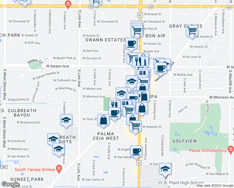 map of restaurants, bars, coffee shops, grocery stores, and more near 3910 West Mullen Avenue in Tampa