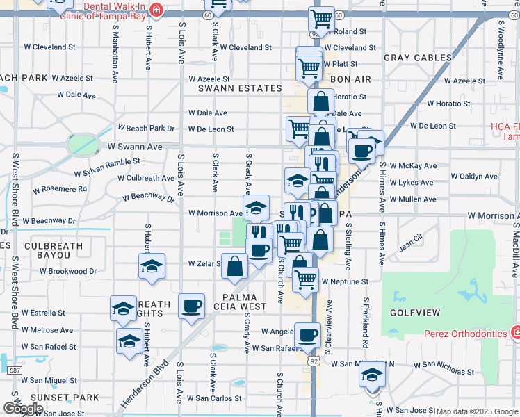 map of restaurants, bars, coffee shops, grocery stores, and more near 3910 West Mullen Avenue in Tampa