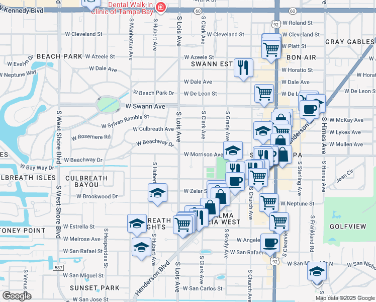 map of restaurants, bars, coffee shops, grocery stores, and more near 4112 West Mullen Avenue in Tampa