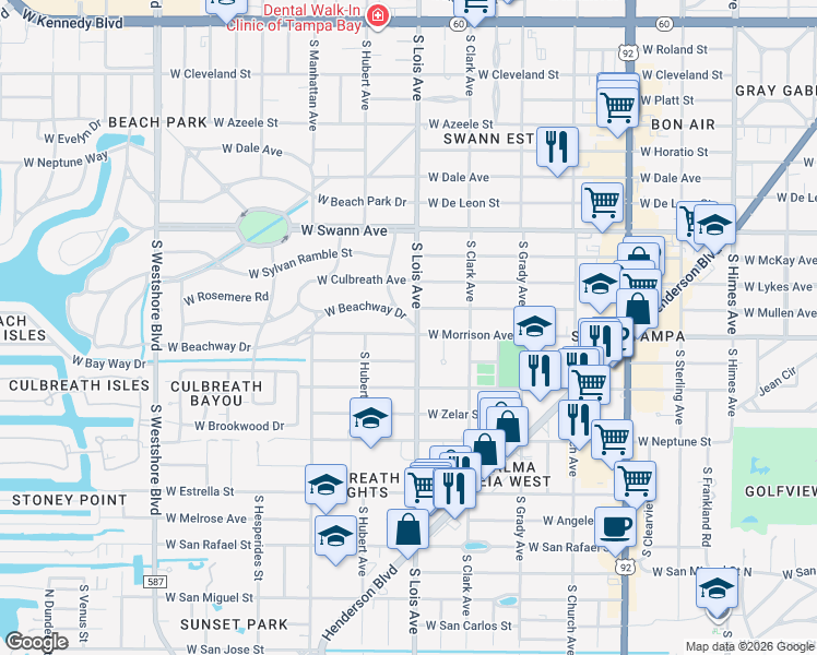 map of restaurants, bars, coffee shops, grocery stores, and more near 4204 West Beachway Drive in Tampa