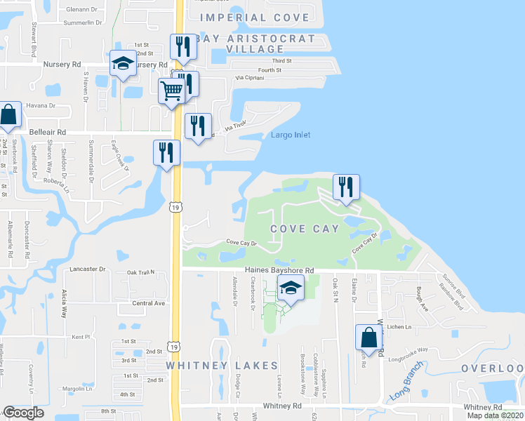 map of restaurants, bars, coffee shops, grocery stores, and more near 3300 Cove Cay Drive in Clearwater