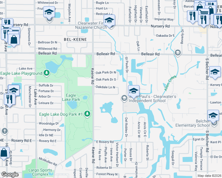 map of restaurants, bars, coffee shops, grocery stores, and more near 1900 Oakdale Lane North in Clearwater
