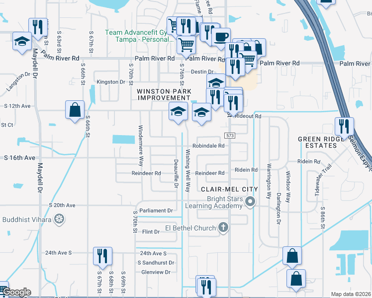 map of restaurants, bars, coffee shops, grocery stores, and more near 1501 Wishing Well Way in Tampa