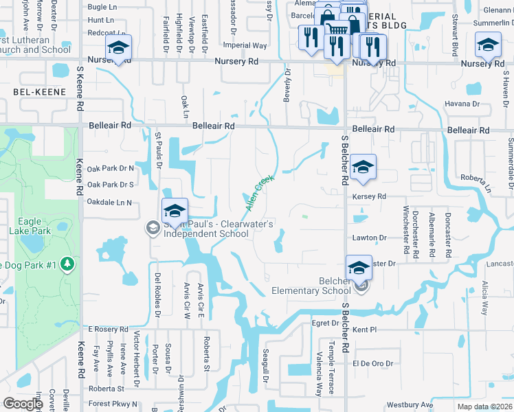 map of restaurants, bars, coffee shops, grocery stores, and more near 1712 Long Bow Lane in Clearwater