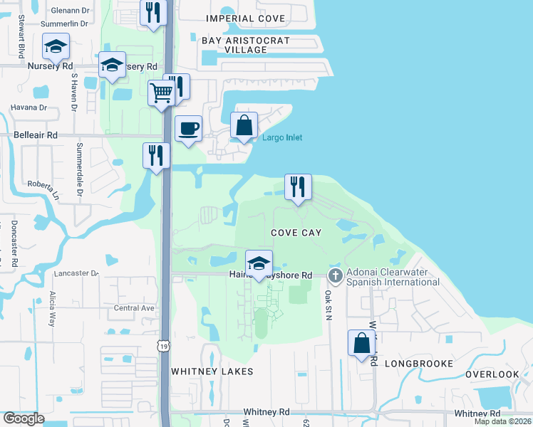 map of restaurants, bars, coffee shops, grocery stores, and more near 3400 Cove Cay Drive in Clearwater