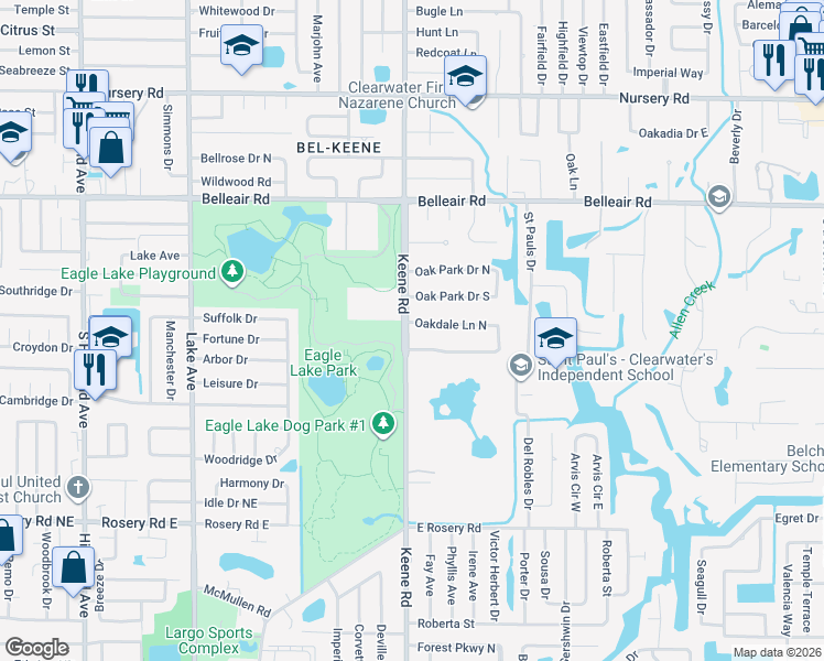map of restaurants, bars, coffee shops, grocery stores, and more near 1803 Oakdale Lane North in Clearwater