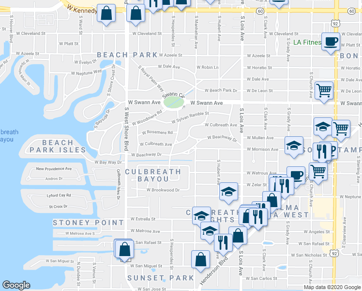 map of restaurants, bars, coffee shops, grocery stores, and more near 4412 West Culbreath Avenue in Tampa