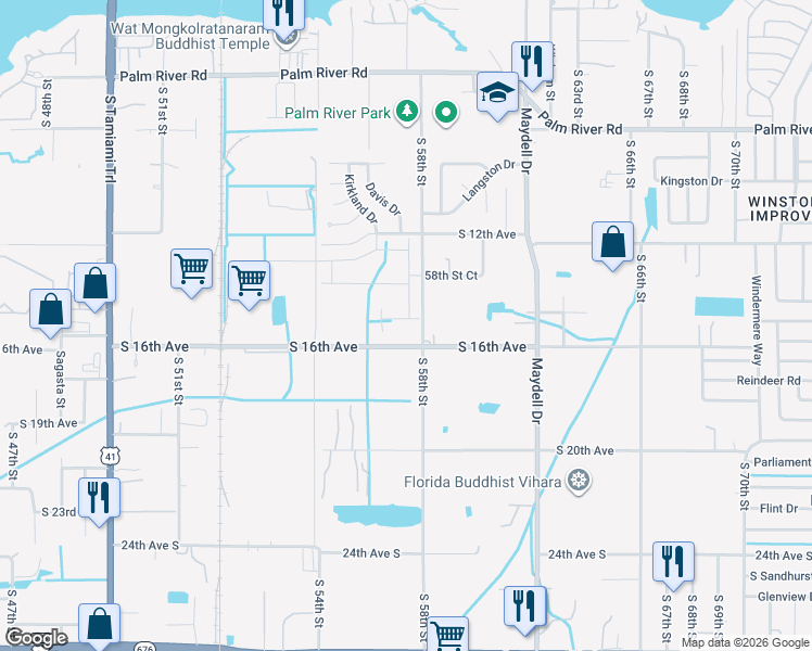 map of restaurants, bars, coffee shops, grocery stores, and more near 5712 South 16th Avenue in Tampa