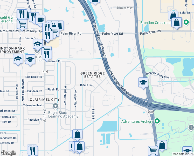 map of restaurants, bars, coffee shops, grocery stores, and more near 8521 Fish Lake Road in Tampa