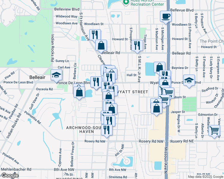 map of restaurants, bars, coffee shops, grocery stores, and more near 1721 Clearwater Largo Road North in Clearwater