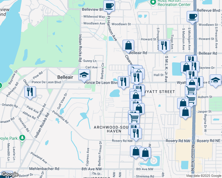 map of restaurants, bars, coffee shops, grocery stores, and more near 1704 Clearwater Largo Road in Clearwater