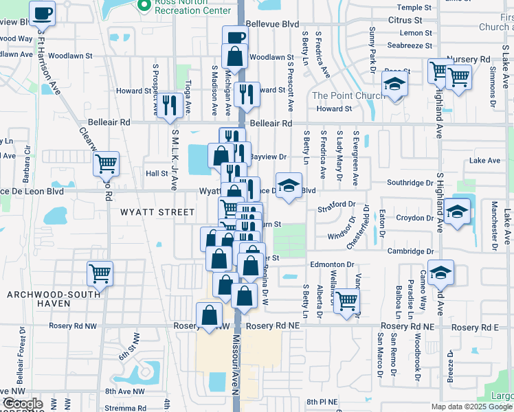 map of restaurants, bars, coffee shops, grocery stores, and more near 1221 Columbus Circle in Clearwater
