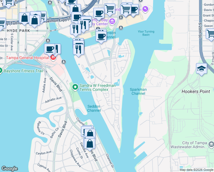 map of restaurants, bars, coffee shops, grocery stores, and more near 305 Inner Harbour Circle in Tampa