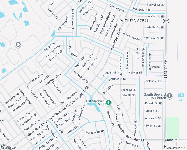 map of restaurants, bars, coffee shops, grocery stores, and more near 1332 Ran Road Southeast in Palm Bay