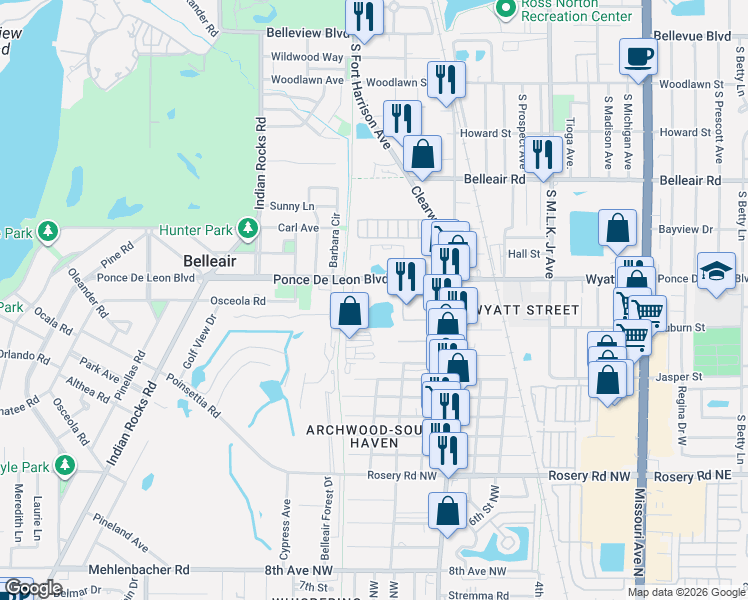 map of restaurants, bars, coffee shops, grocery stores, and more near 1704 Clearwater Largo Road in Clearwater