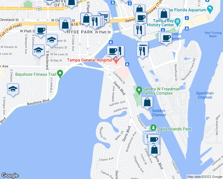 map of restaurants, bars, coffee shops, grocery stores, and more near 36 Aegean Avenue in Tampa